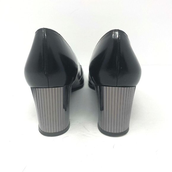 Stuart Weitzman 9.5 AAA 90's Square Toe Pumps Narrow Black Patent Metallic Heel - Picture 5 of 10